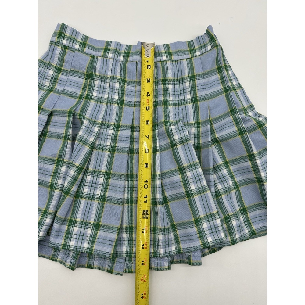 AERIE BLUE PLAID SKIRT Small PLEATED PLEATS TWILL ELASTIC WAIST GREEN WHITE - Picture 6 of 6